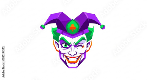 Vibrant joker face with purple hat and green makeup on white background colorful illustration for design