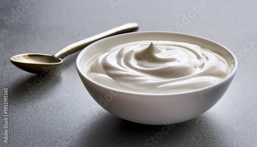 creamy yogurt in white bowl with spoon on smooth surface closeup