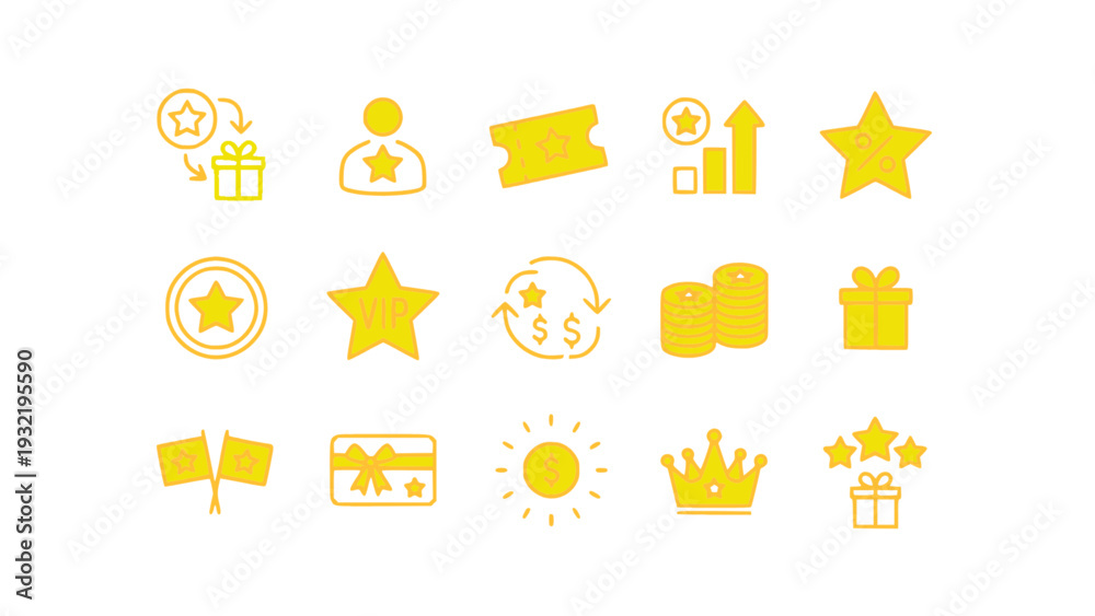 Fototapeta premium Award and achievement icons featuring star, trophy, crown, medal, and gift symbols. Flat vector EPS.