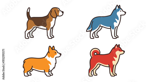 Cute cartoon dog breeds vector set. Flat design illustrations of popular domestic animals on white for pet shop or veterinary.
