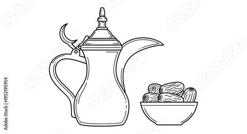 A detailed line art illustration of a coffee or tea pot with a bowl of nuts beside it, showcasing the elegance of simple kitchenware with Whisk_e2d1139bb171bb8b72b43b38d1713724dr elements.