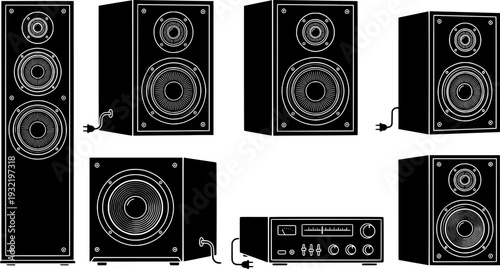Black and white stereo speakers with a retro and bold illustration style
