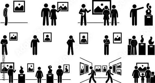 people admiring art in a gallery silhouette vector illustration
