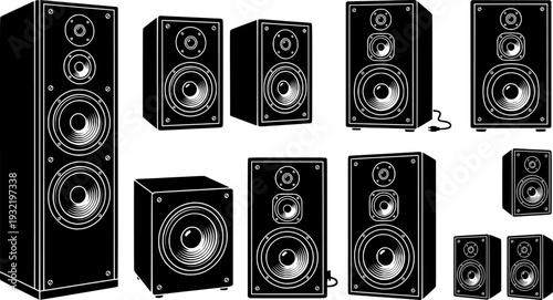Black and white stereo speakers with a retro and bold illustration style
