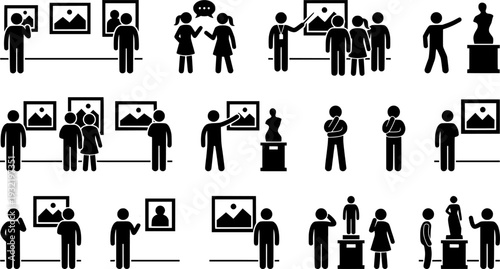 people admiring art in a gallery silhouette vector illustration
