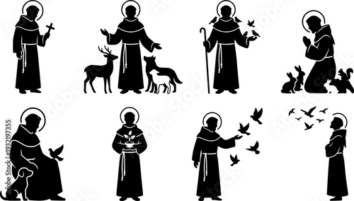 Silhouette Vector, Saint Francis of Assisi with Animals Vector Illustration – Christian Artwork of Saint in the Woods with Birds and Wildlife
