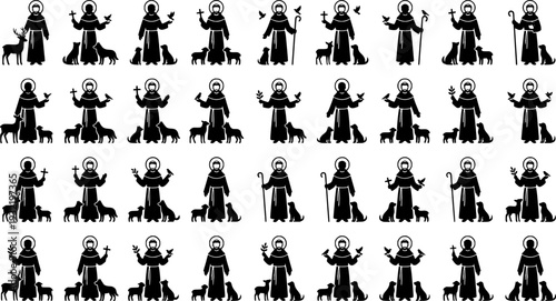 Silhouette Vector, Saint Francis of Assisi with Animals Vector Illustration – Christian Artwork of Saint in the Woods with Birds and Wildlife
