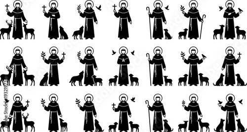 Silhouette Vector, Saint Francis of Assisi with Animals Vector Illustration – Christian Artwork of Saint in the Woods with Birds and Wildlife
