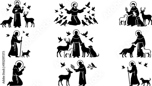 Silhouette Vector, Saint Francis of Assisi with Animals Vector Illustration – Christian Artwork of Saint in the Woods with Birds and Wildlife
