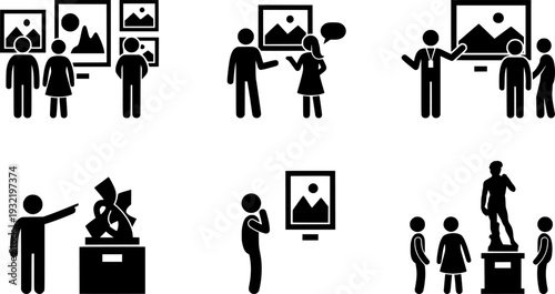 people admiring art in a gallery silhouette vector illustration
