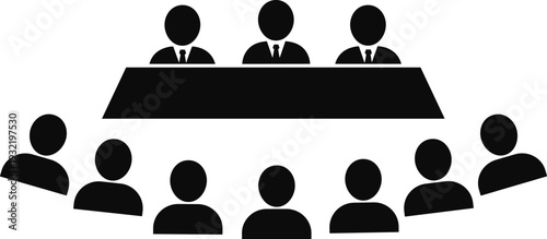 PrintVector icon of a business meeting or educational seminar featuring a panel of three speakers sitting at a desk facing a large seated audience.
