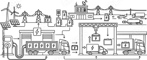 EV Battery Pack Truck Infrastructure Line Art Vector

