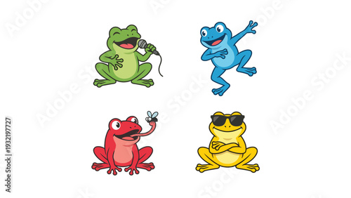 Funny Cartoon Frogs Set: Singer, Dancer, Fly-Catcher, and Cool Frog with Sunglasses. Cheerful Amphibian Characters