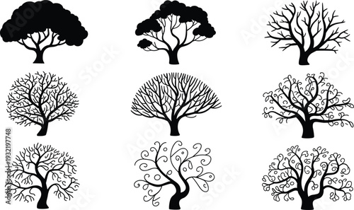 Black silhouette set of various trees including leafy oaks and bare winter branches isolated on white background for nature design
