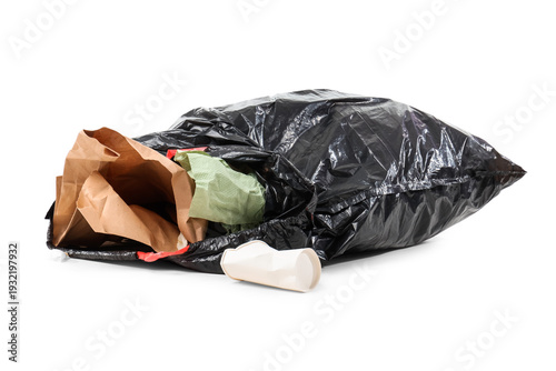 Bild auf Leinwand Open garbage bag full of paper isolated on white background