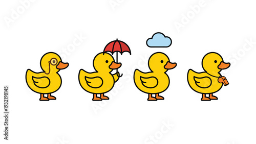 Diverse Cartoon Yellow Ducks Set: Monocle, Umbrella, Cloud, and Shy Duckling Characters on White Background