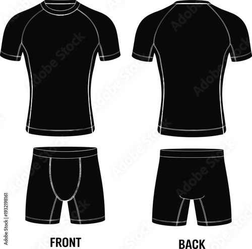 Black compression shirt and shorts mockup set, athletic performance base layer vector template, front and back view of fitness apparel for gym and sports