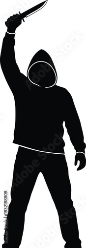 Black Silhouette Vector of a Dangerous Person in a Hoodie Holding a Large Knife for Crime Horror Thriller and Personal Security Concept Design