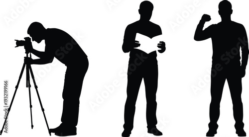 Black Silhouettes of Professional Photographer with Camera on Tripod Man Reading a Book and Person Raising Fist Representing Media Knowledge and Protest Concepts Vector