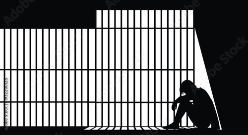 Silhouette of a Lonely Prisoner Sitting in a Dark Jail Cell Behind Iron Bars Representing Incarceration Justice System Punishment Loneliness and Criminal Law Concepts