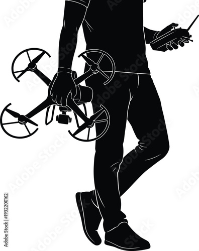 Silhouette of a professional male drone pilot holding a quadcopter with propeller guards and a remote controller transmitter standing isolated on a white background
