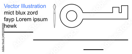 Security, creativity, DIY projects, minimal art, graphic design, symbolism. A key with a rounded handle and a straight shaft next to a thin paintbrush. Security and creativity concept