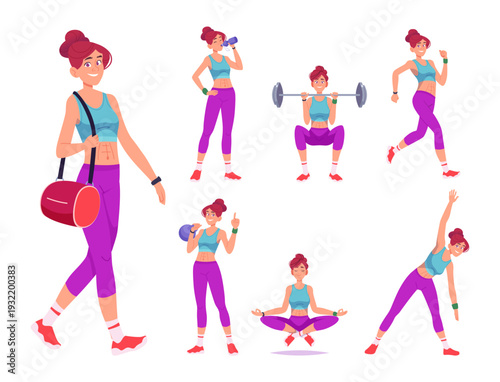 Young woman in sports clothes in different poses, daily fitness routine.
