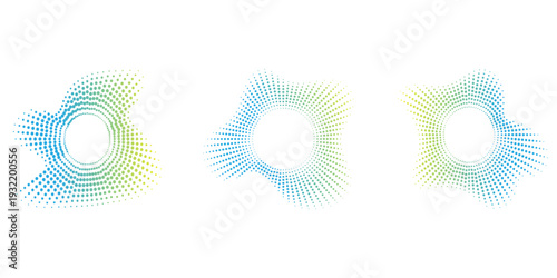 Sound equalizer icons with lines and dots, gradient neon circular sound wave frames, abstract radial music icons. Audio beat symbol concept isolated on white. Vector illustration.