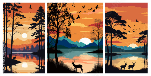 Set of three nature silhouette posters. Flat vector of deer, birds, and pine trees by the lake at golden sunset