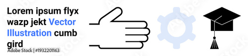 Education, learning tools, technology concepts, academic achievement, professional guidance, teamwork. Hand gesture, gear and graduation cap symbols. Education and learning tools central to academic