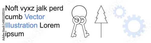 Data security, mechanics, organization, minimalism, privacy tools, technology . Line art showing keys, tree symbol gears and placeholder text. Data security and mechanics concept