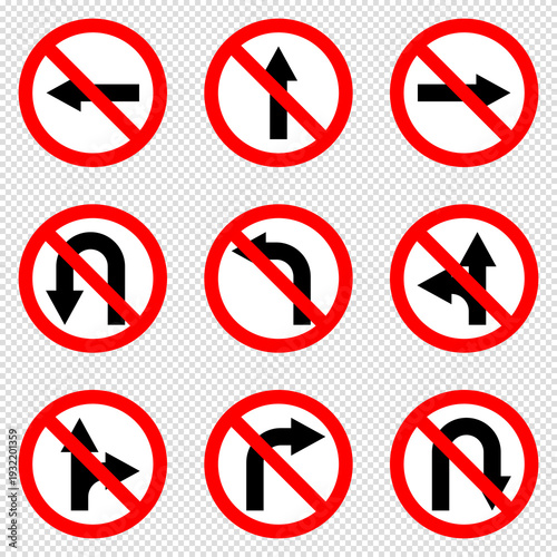 move and turn right left prohibited road sign collection, no forward and left turn allowed, move direction forbidden, red crossed circle vector pictogram