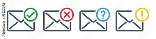 green check and red cross symbols, blue question mark and yellow exclamation point, mail envelope or social media network post thin line vector icons set