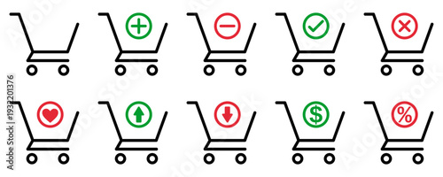 stroke shopping cart vector icon collection, plus minus symbols, checkmark and cross pictogram, up down arrows, percent and dollar signs
