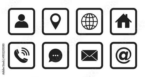 name, address, location, phone number messenger, postal address, email symbols, contact us outline icons set