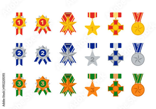 1st 2nd 3rd place awards collection, golden silver bronze vector icons set