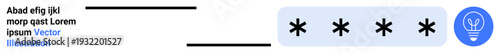 Online security, privacy protection, password management, identity verification, data encryption, digital authentication. Asterisks passwords and a glowing lightbulb icon. Online security and privacy