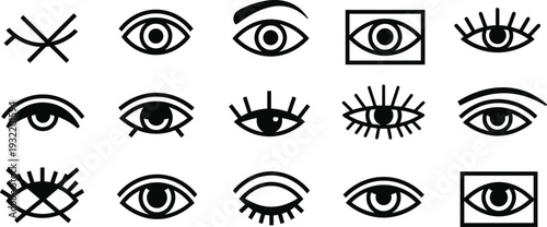 Collection of black eye icons and vision symbols in various artistic styles for optometry ophthalmology look sight and gaze concepts