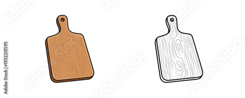 Wooden cutting board in colored cartoon style and black line art version showing kitchen tool for food preparation and cooking icons isolated on white background