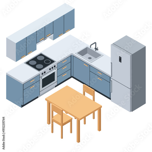 Modern kitchen interior with blue cabinets and wooden dining table.