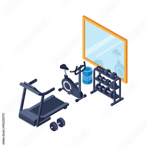 Gym Equipment Illustration with Treadmill and Weights.