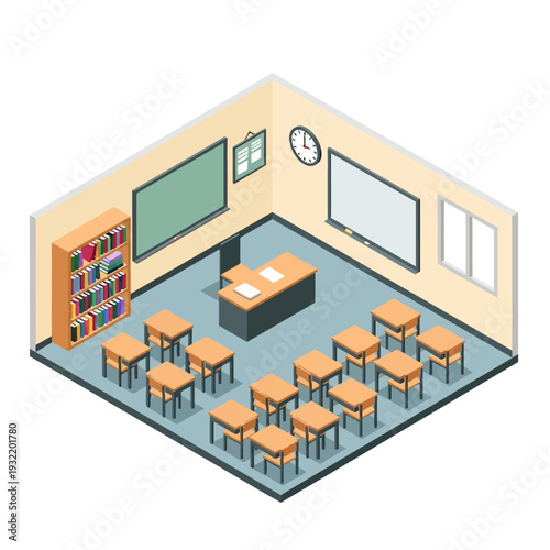 Isometric illustration of a classroom with desks and educational materials.