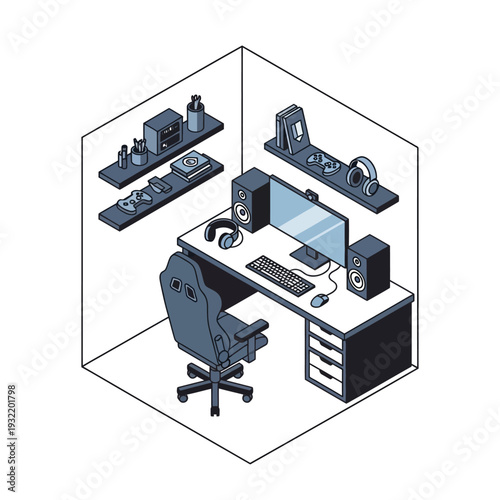 Isometric illustration of a modern office workspace with computer and office equipment.