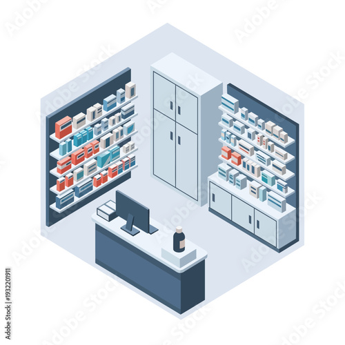 Isometric illustration of a pharmacy store with shelves and cabinets.