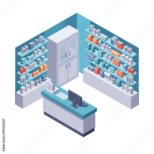 Pharmacy store interior with shelves and counter.