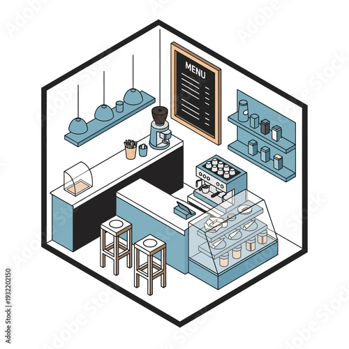 Isometric illustration of a modern coffee shop interior with counter and display case.