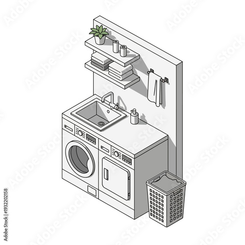 Isometric illustration of a laundry room setup with washing machine and sink.