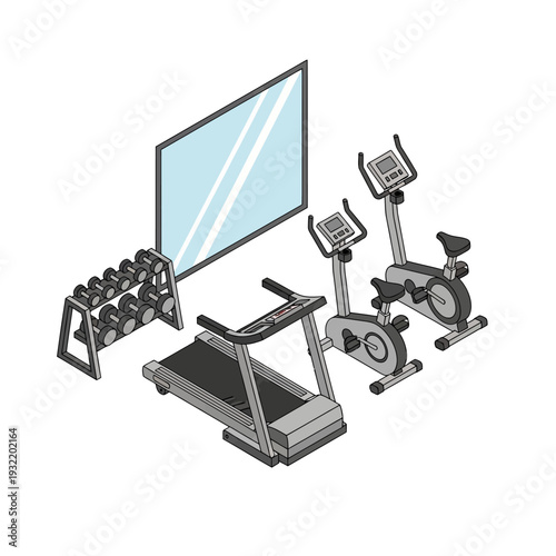Gym Equipment Illustration Featuring Treadmill Exercise Bike and Dumbbells.