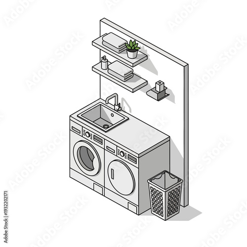 Isometric illustration of a modern laundry room with washing machine and sink.