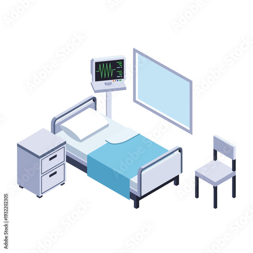 Hospital room with medical equipment and furniture.